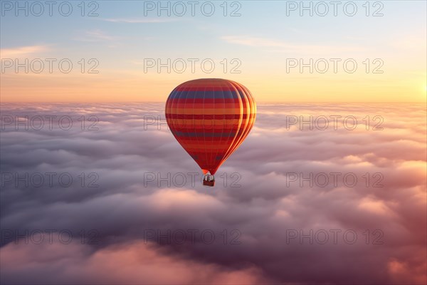 Colorful hot air balloon floats over a sea of clouds at sunset at sunset with orange and blue skies in the background. Travel journey adventure beauty of nature concept, AI generated