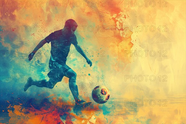 A soccer player dribbles and kicks a soccer ball. Abstract vintage grungy poster style with muted colors, AI generated