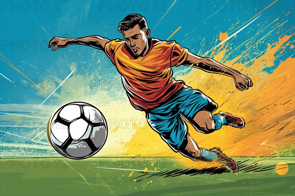 A soccer player dribbles and kicks a soccer ball. Abstract vintage grungy poster style with muted colors, AI generated