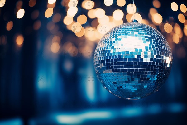 A disco ball is suspended from the ceiling at party in nightclub, reflecting the lights and creating a festive atmosphere, AI generated