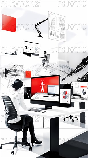 A graphic designer's workplace with mountain images, in a modern grayscale and red setting, illustration, AI generated