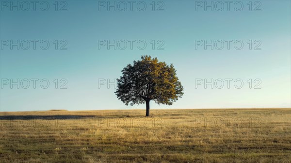 A solitary tree stands in the center of a grassy field under a serene blue sky, AI generated