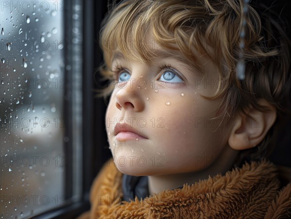 Bad weather, child looks sadly outside through a rainy window pane, AI generated