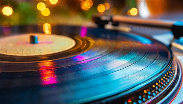 Close-up of a turntable with a vinyl record illuminated by blue light and soft bokeh in the background, AI generated