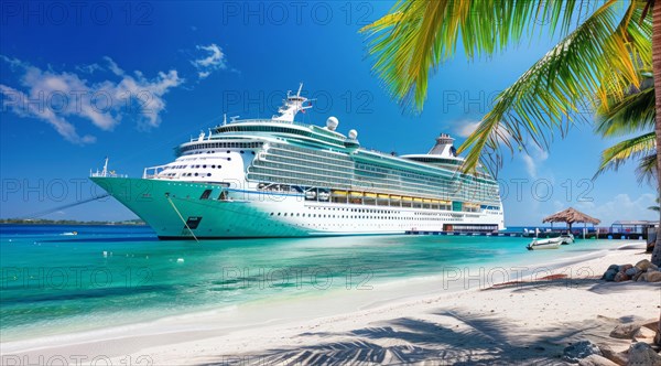 A large cruise ship docked near popular vacation resort. The scene is serene and relaxing, with the ship providing a sense of adventure, AI generated