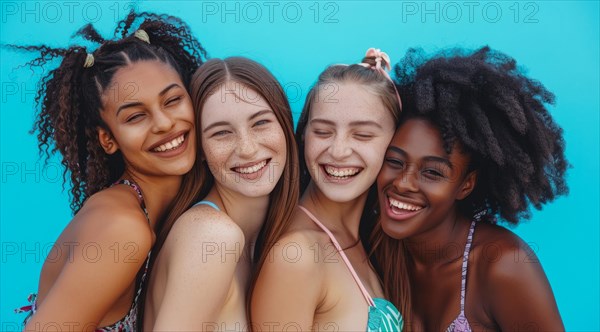 A group of women are smiling and posing for a photo. They are wearing bikinis and hats, AI generated