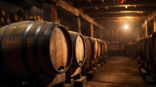 AI generated rustic wine cellar filled with wooden oak barrels