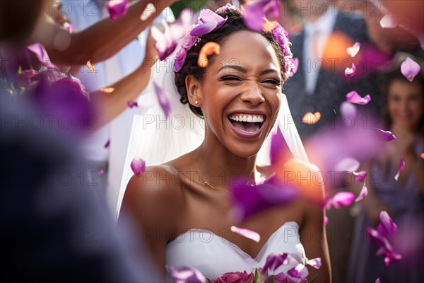 Happy black african american woman in wedding dress surrounded by flower petals. KI generiert, generiert, AI generated