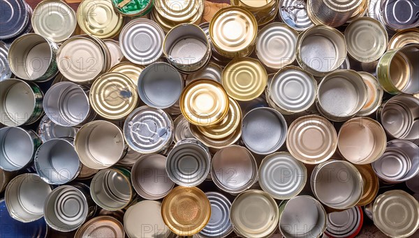 Symbol photo, waste, a large quantity of empty open tinplate cans on a heap, AI generated, AI generated