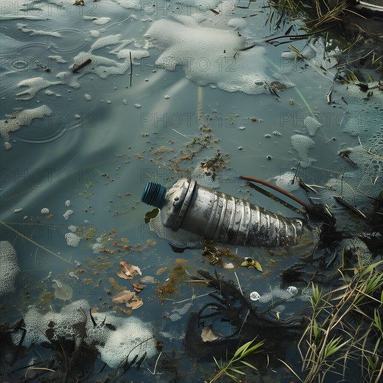 A plastic bottle in a puddle-like collection of polluted water and algae, pollution, environmental protection, AI generated