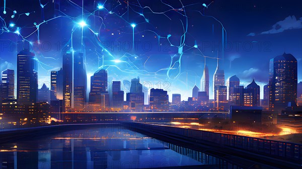 Ai generated conceptual illustration of a neuronal network with city skyline in the background in blue colors, AI generated