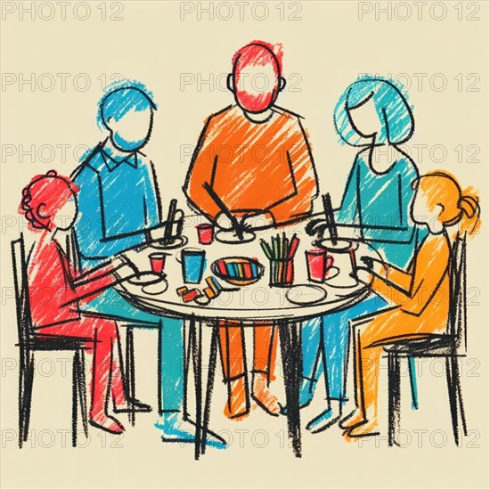 A family gathered around a table for a meal in a simple drawn illustration, AI generated