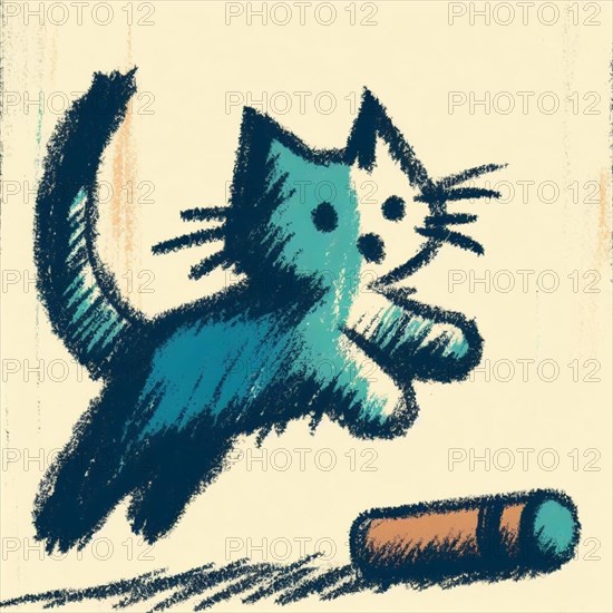 A playful abstract sketch of a blue cat captured in mid-jump against a light blue backdrop, AI generated