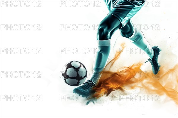 A soccer player dribbles and kicks a ball on a field double exposure style, AI generated