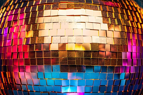 A disco ball is suspended from the ceiling at party in nightclub, reflecting the lights and creating a festive atmosphere, AI generated