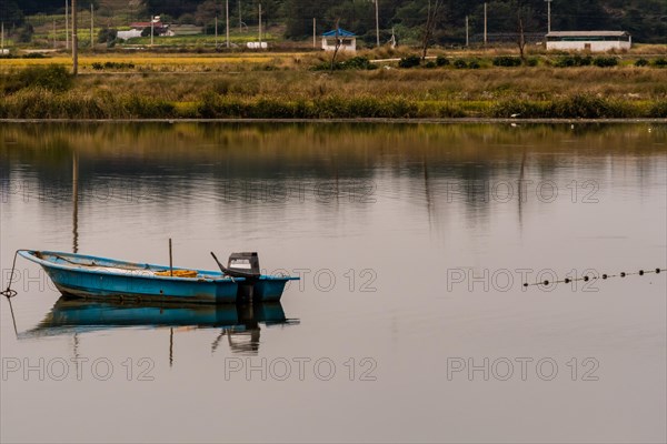 Small blue fishing boat with outboard motor in the middle of lake with tall reeds and grass on shore in background in NamHae, South Korea, Asia