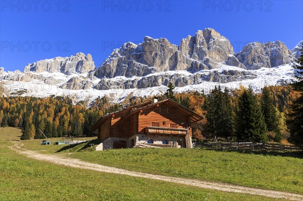 Red roof of a wooden hut in front of a wide mountain panorama under a blue sky, Italy, Alto Adige, Bolzano province, Dolomites, rose garden, Europe