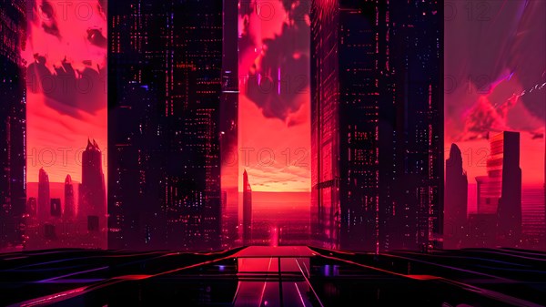 AI generated illustration of a cityscape with skyscrapers and holographic elements in red color tones