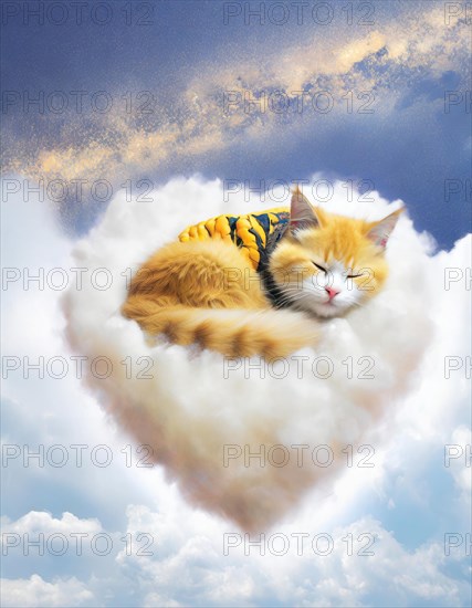 Adorable ginger cat sleeps peacefully on a fluffy cloud, set against a beautiful blue sky, AI generated