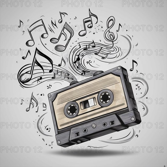 Monochrome sketch of a cassette tape with musical notes flowing from it, AI generated