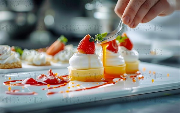 Chef is decorating a dessert with berries and other delicious additions of sweets and whipped cream, AI generated