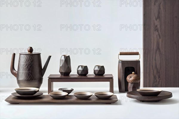 A modern reinterpretation of the traditional Japanese tea ceremony in a minimalist setting that combines the classic values of hospitality and grace with a contemporary flair, tea service, Japan, AI generated, AI generated, Asia