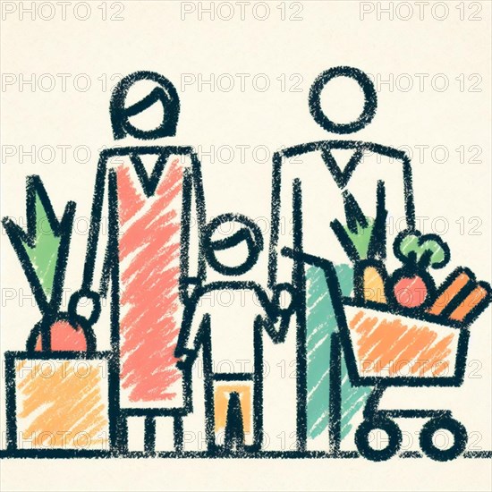 Minimalistic abstract drawing of a family with grocery shopping cart, AI generated