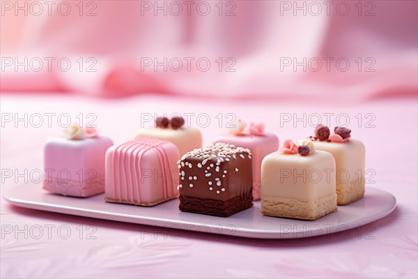 Small square shaped confectionery with pink, brown and white glazing. KI generiert, generiert, AI generated