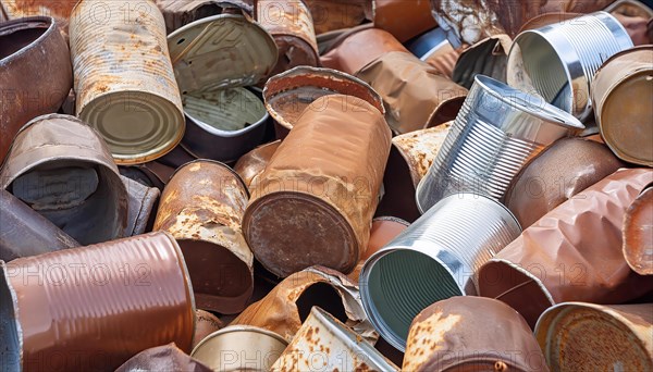 Symbol photo, waste, a large quantity of empty open rusted tinplate cans on a heap, AI generated, AI generated