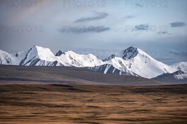 Glaciated and snow-capped mountains, dramatic landscape, autumnal mountain landscape with yellow grass, Tian Shan, Sky Mountains, Sary Jaz Valley, Kyrgyzstan, Asia