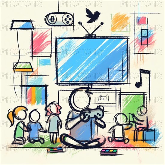 Sketch of a family engaged in various forms of entertainment around a TV in a colorful setting, AI generated