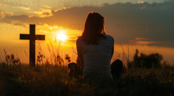 Devout faithful christian prays in front of the cross at a dramatic sunset with beautiful skies, AI generated