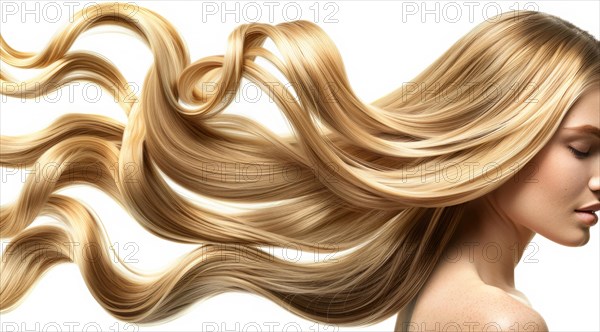 A blonde woman model with long hair is posing in front of a white background, AI generated