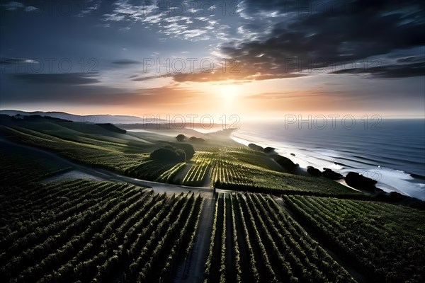 AI generated aerial view of a coastal vineyard with ocean in the background in ambient light