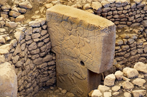 Gobekli Tepe neolithic archaeological site dating from 10 millennium BC, Massive stone pillars with sculptural relief of wild animals, Potbelly Hill, Sanliurfa, Turkey, Asia