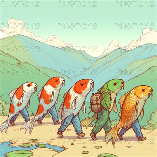 Whimsical illustration of four koi fish walking upright and equipped for a hike, set against a backdrop of stylized green mountains and a serene blue sky, AI generated