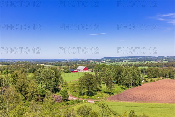 View at a beautiful cultivated landscape with a red barn a sunny summer day in the countryside, Sweden, Europe
