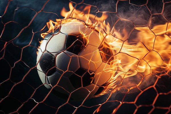 Soccer concept, a burning soccer ball is in the air entering goal net, AI generated