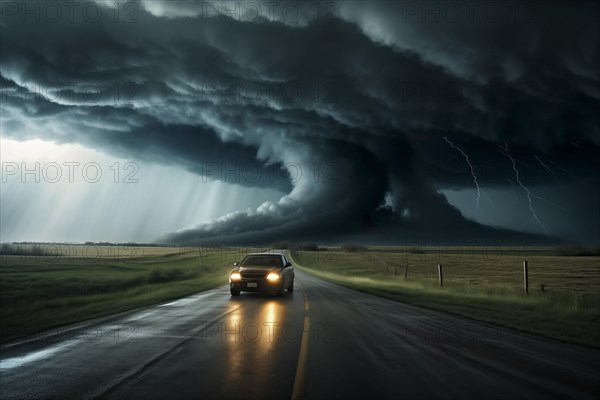 Disaster catastrophe storm concept, tornado in a field in the USA with car on road escaping tornado in field under stormy dark sky, AI generated