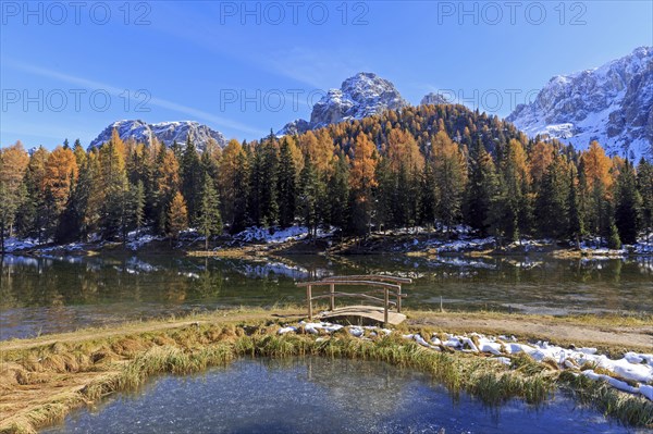Autumn mountain landscape with a bridge over a clear lake and snow-covered peaks, Italy, South Tyrol, Belluno, Dolomites, Lago d'Antorno against Cadini, Misurina, Sesto Dolomites, Veneto, Europe