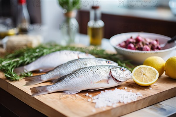 Three raw whole fish on chopping board with seasoning. Meal preparation. KI generiert, generiert, AI generated