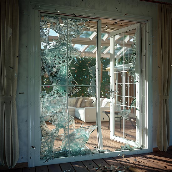 Broken glass on a patio door indicates a break-in, AI generated