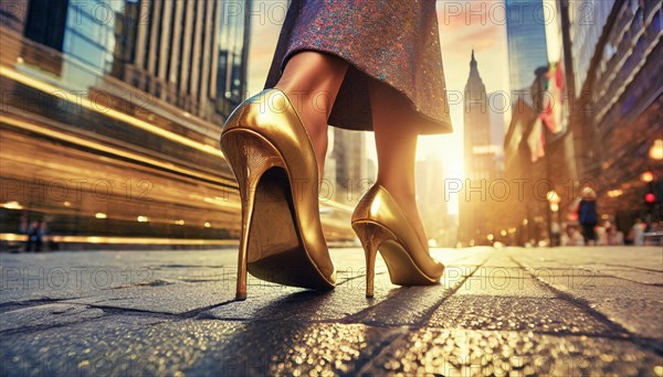 Close-up of a woman's high heels walking on a city street with motion blur during golden hour, AI generated