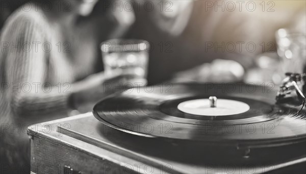 Friends enjoy drinks vinyl record playing together in cozy setting at sunset, bokeh effect ai generated, AI generated