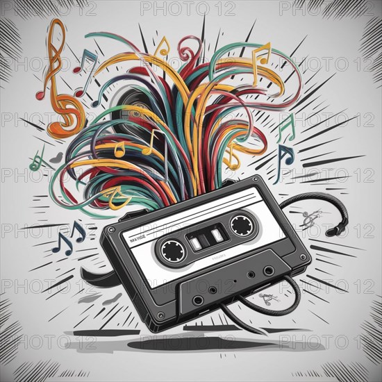 Black and white illustration of a cassette with dynamic abstract music waves, AI generated