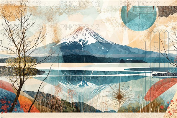 A peaceful scenery with the majestic Mount Fuji in the distance, surrounded by geometric designs and abstract shapes inspired by Japanese cultural symbols, reflecting a symbiosis between nature and human creativity, Japan, AI generated, AI generated, Asia
