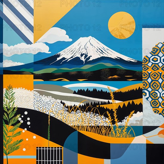 Colourful abstract depiction of a landscape with Mount Fuji and the sun as the central motif, Japan, AI generated, AI generated, Asia