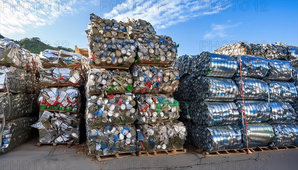 Symbol photo, many empty tin cans, pressed and bundled into bales in a recycling plant, AI generated, AI generated