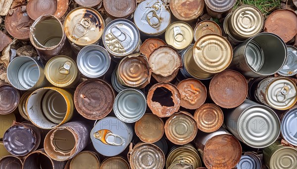 Symbol photo, many empty tin cans, partly crushed, rusty, dirty, lying in the landscape, AI generated, AI generated