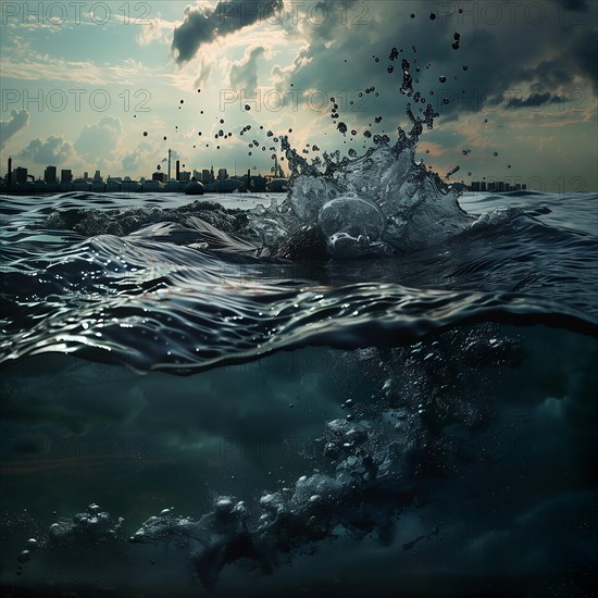 Plastic bottle floats in the ocean with impressive waves and dark sky, pollution, environmental protection, AI generated